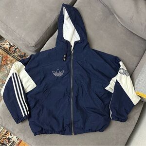 Vintage 90s Adidas Classic Big Trefoil Logo Hooded Jacket Men's Large Navy Blue